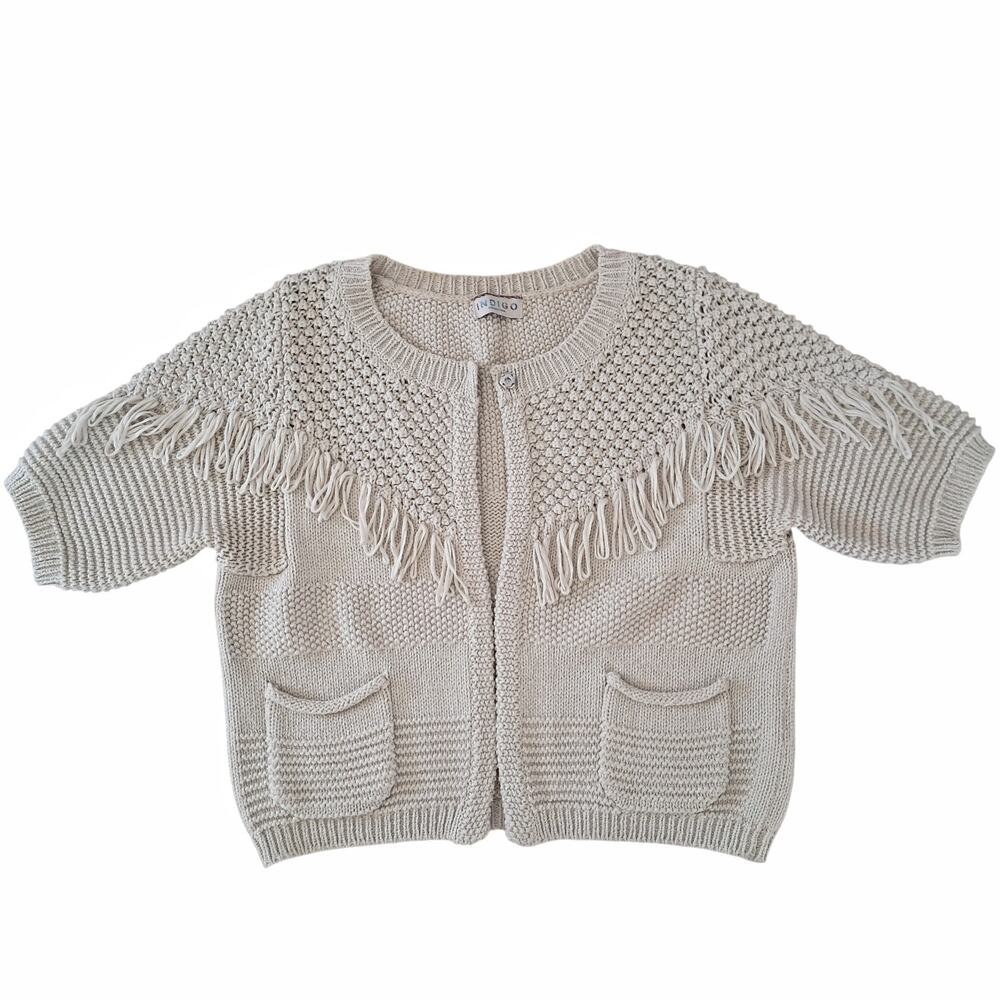 INDIGO Beige Cardigan Sweater Size 10 Fringe Detail Loose Retro Casual